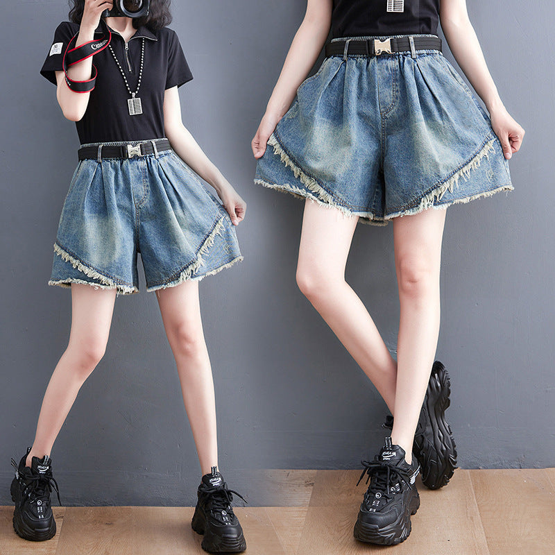 Korean Style Denim Stitching Washed Shorts for Women