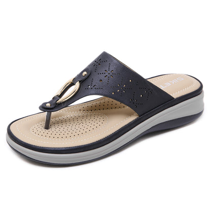 Women's Wedge Flip Flops with Stylish Metal Buckle Detailing