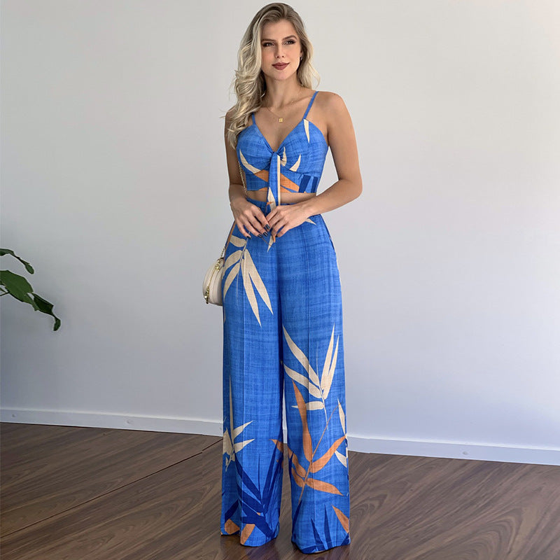 Floral Spaghetti Strap Crop Top with High Waist Wide Leg Pants Set