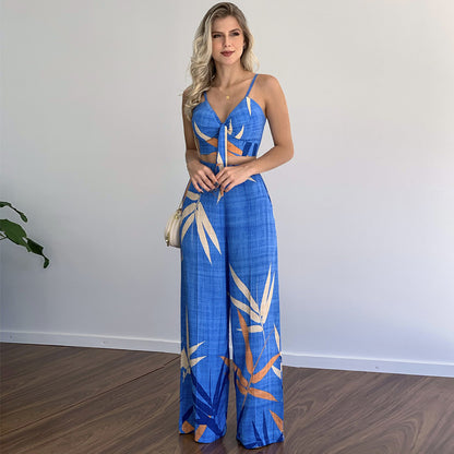 Floral Spaghetti Strap Crop Top with High Waist Wide Leg Pants Set