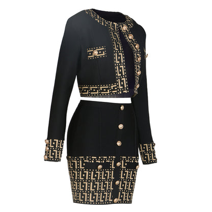 Fashion Print Stitching Suit Jacket with Mid-Length Dress Set