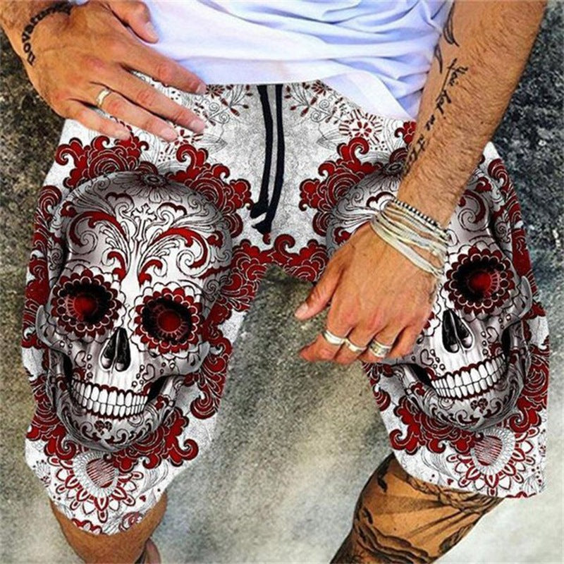 Skull Pattern Printing Digital 3D Men's Casual กางเกงชายหาดแห้งเร็ว