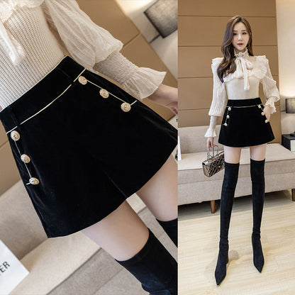 Large Size Gold Velvet Shorts-Loose, Thin and High Waist Boots Pants