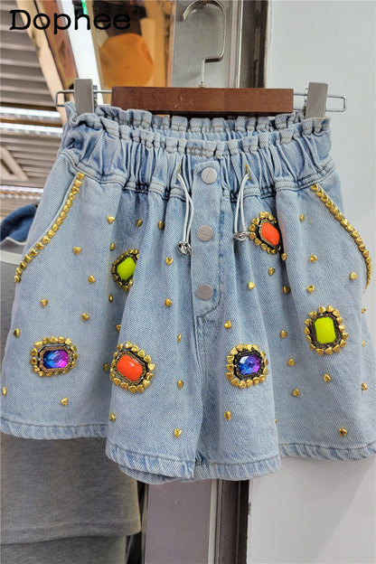 Diamond-Beaded High-Waist Denim Shorts for a Glamorous Look