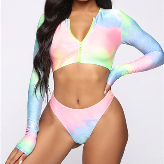 Women's Split Long-Sleeved Tie-Dye Bikini with Zipper