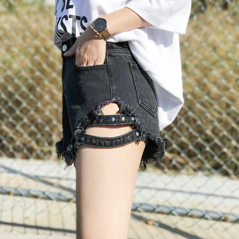 High-Rise Denim Shorts with Side Studs and Ripped Details