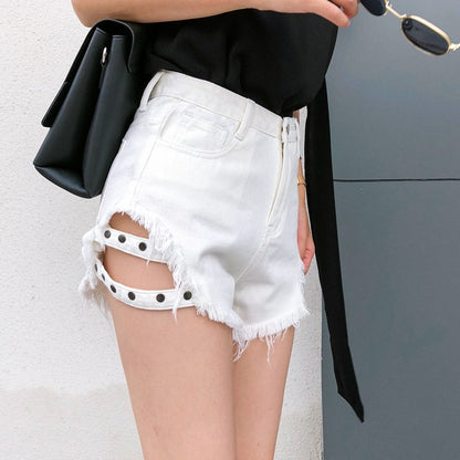 High-Rise Denim Shorts with Side Studs and Ripped Details