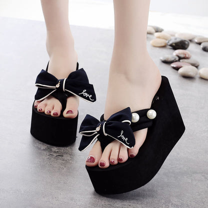 Handmade Bow High-Heeled Flip Flops with a Shining Touch