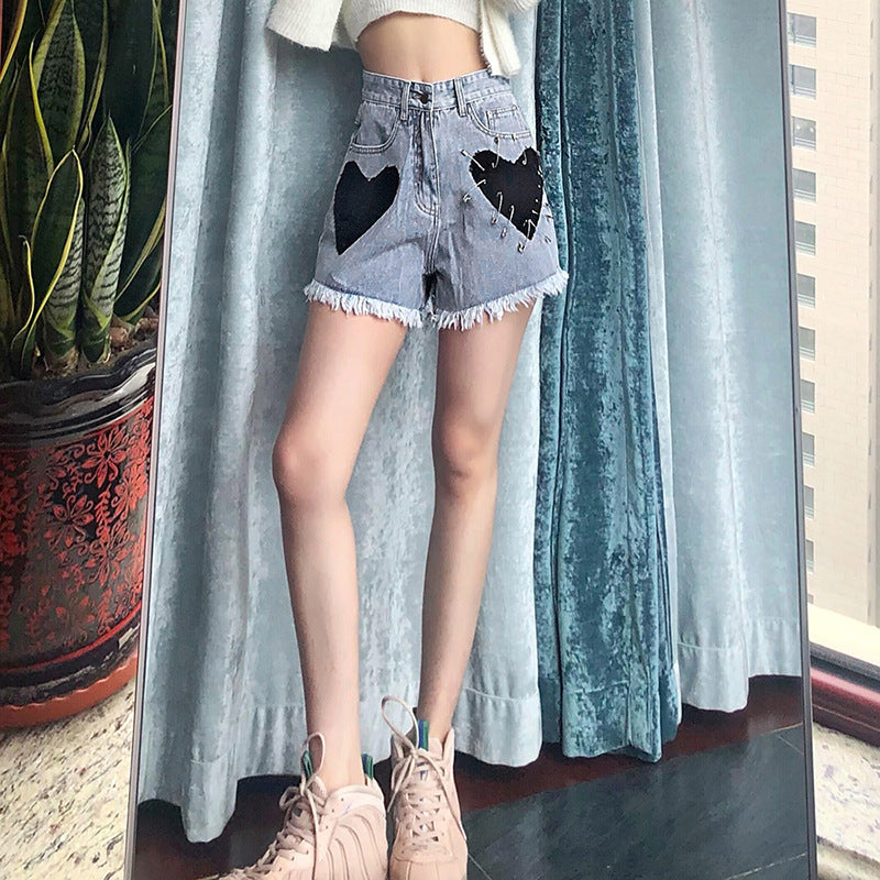 High Waist Slim Love Patch Denim Shorts for Stylish Comfort