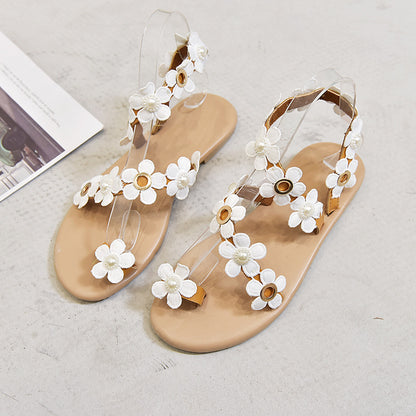 ស្បែកជើងប៉ាតា Flip Flops ឆ្នេរខ្សាច់សម្រាប់នារីៗ តុបតែងលម្អដោយផ្កា សម្រាប់ការលួងលោមដ៏ឡូយ