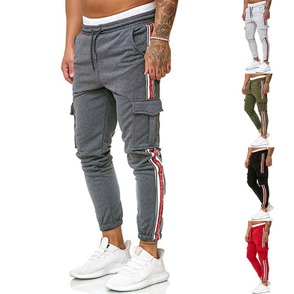 Men's Striped Sports Trousers with Drawstring and Knee Pocket Design