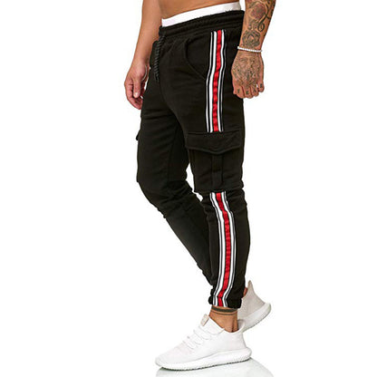 Men's Striped Sports Trousers with Drawstring and Knee Pocket Design