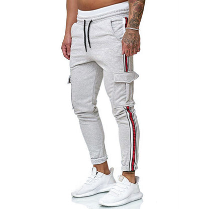 Men's Striped Sports Trousers with Drawstring and Knee Pocket Design