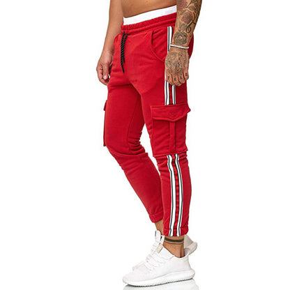 Men's Striped Sports Trousers with Drawstring and Knee Pocket Design