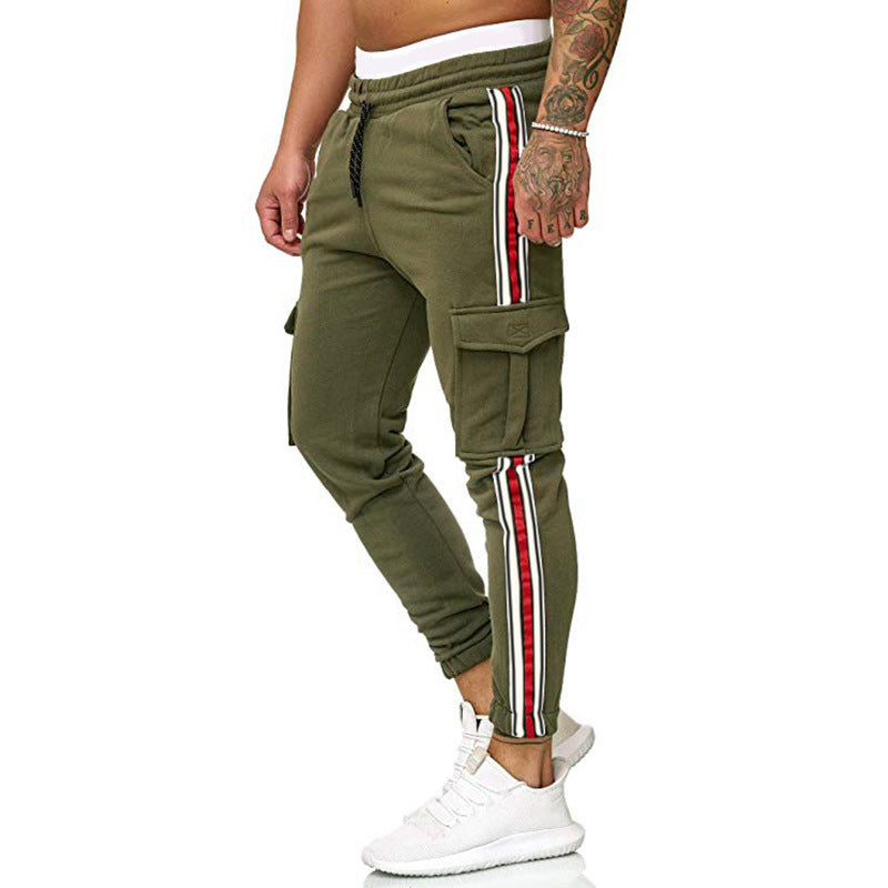 Men's Striped Sports Trousers with Drawstring and Knee Pocket Design