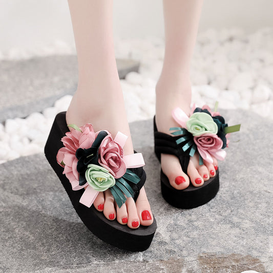 Fashion High-Heeled Platform Flip Flops with Flower Wedge Design