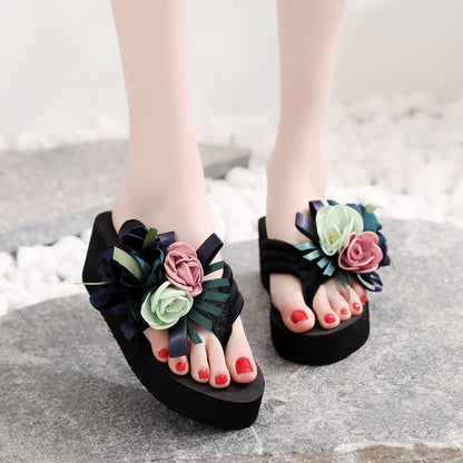 Fashion High-Heeled Platform Flip Flops with Flower Wedge Design