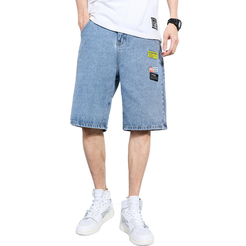 Men's Loose Fit Denim Shorts with Trendy Tooling for a Cool Beach Look