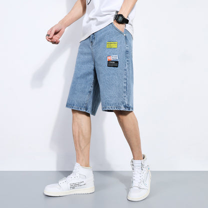 Men's Loose Fit Denim Shorts with Trendy Tooling for a Cool Beach Look