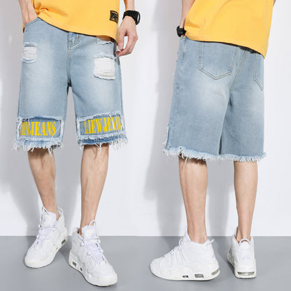 Men's Loose Fit Denim Shorts with Trendy Tooling for a Cool Beach Look