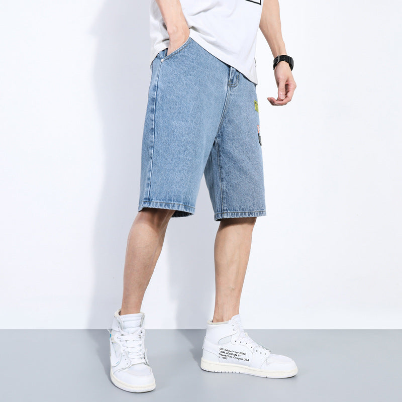 Men's Loose Fit Denim Shorts with Trendy Tooling for a Cool Beach Look