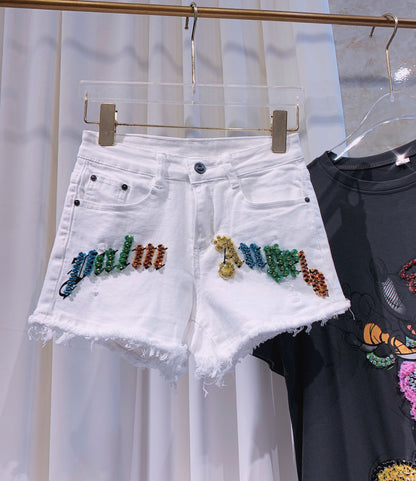 Dazzling Denim Delight: Rhinestone-Adorned Stretch Shorts for Women