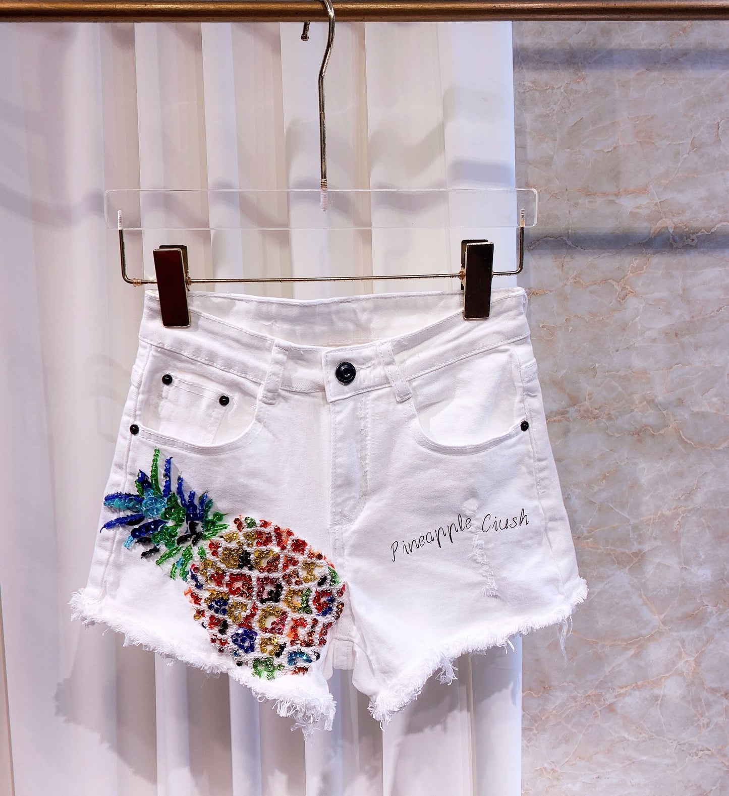 Dazzling Denim Delight: Rhinestone-Adorned Stretch Shorts for Women