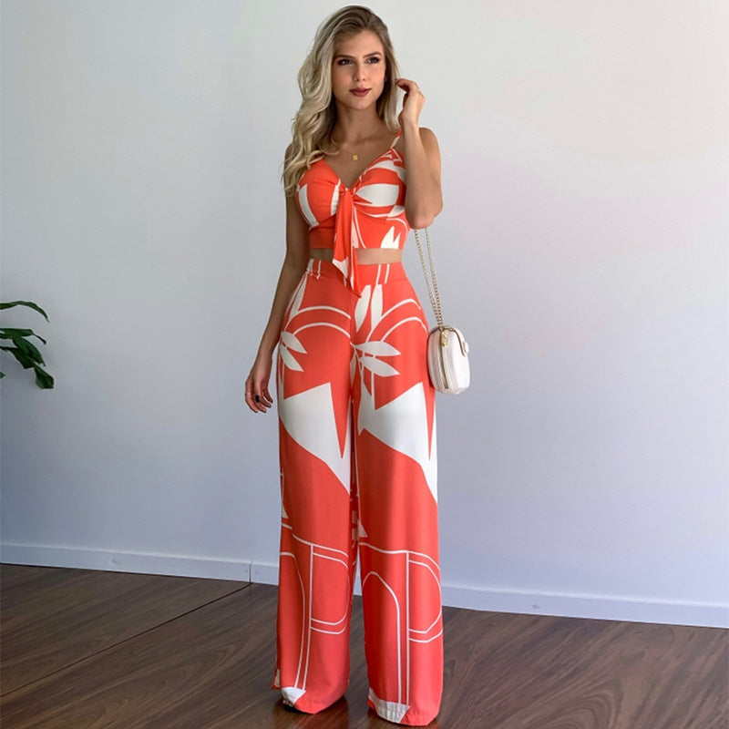 Floral Spaghetti Strap Crop Top with High Waist Wide Leg Pants Set