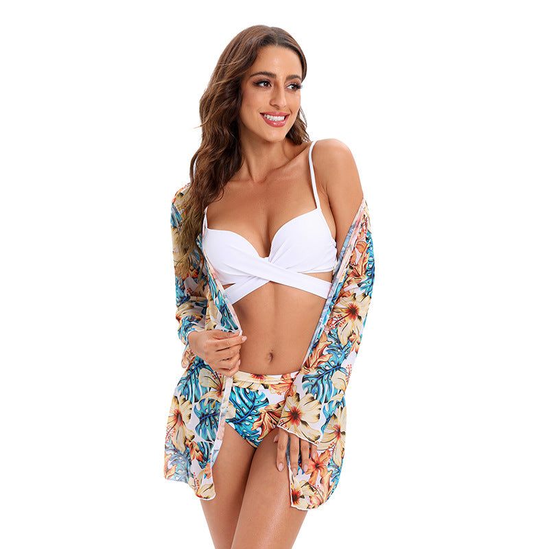 Stylish Bikini Swimsuit with Mesh Shawl and High-Waist Split Design