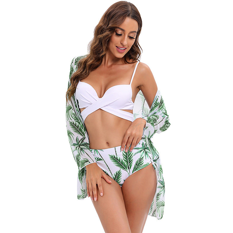 Stylish Bikini Swimsuit with Mesh Shawl and High-Waist Split Design