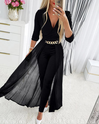 Chic Black Mesh V-neck Patchwork Jumpsuit - សំលៀកបំពាក់ទាន់សម័យ និងទាន់សម័យ