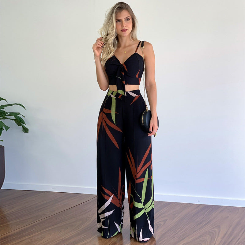 Floral Spaghetti Strap Crop Top with High Waist Wide Leg Pants Set