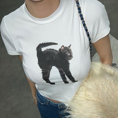 Cat Print Short Sleeve T-Shirt-Cat Lover's Tee with a Twist