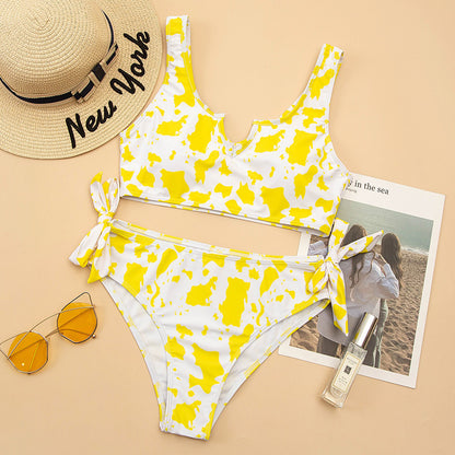 Split Cow Print Bow Bikini Swimsuit for Women