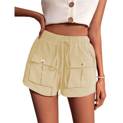 Women's Pocketed Loose Cargo Shorts with Mid Waist and Drawstring