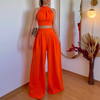 Halter Neckline Top with High Waist Loose Trousers-Chic Elegance