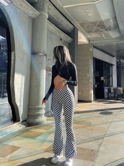 Chessboard Plaid Bell-Bottom Pants-លើកកំពស់ការពាក់យូហ្គាលំហាត់ប្រាណរបស់អ្នក។