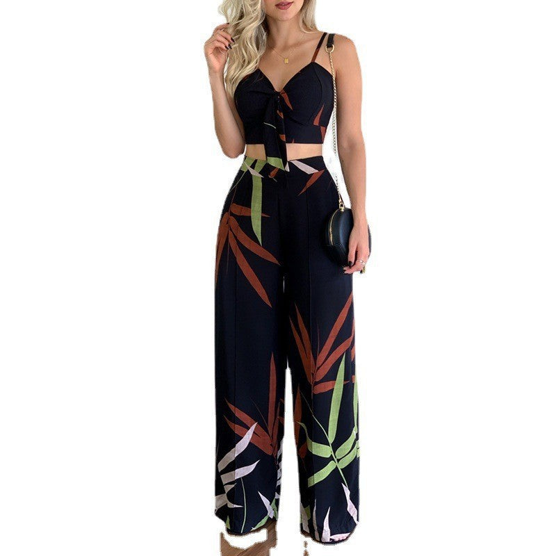 Floral Spaghetti Strap Crop Top with High Waist Wide Leg Pants Set