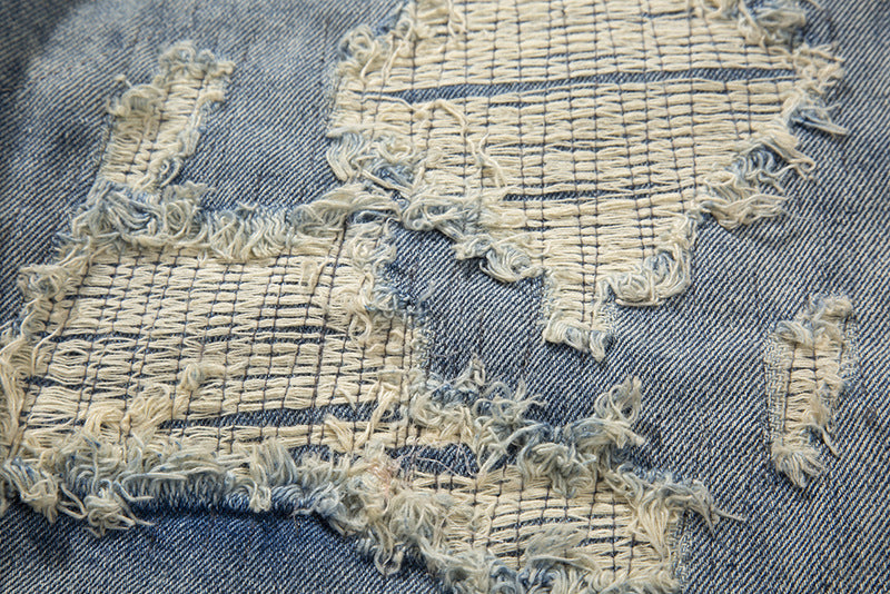 กางเกงขาสั้นเดนิมแฟชั่น Washed Frayed Patch