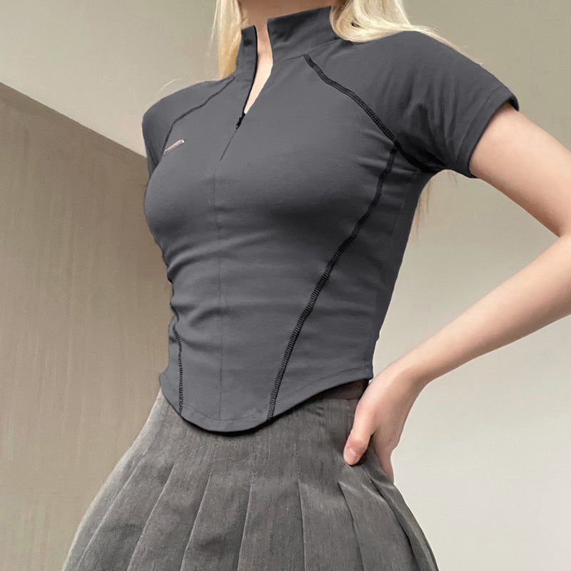 Chic Slimming Stand-up Collar Short Top with Invisible Zipper