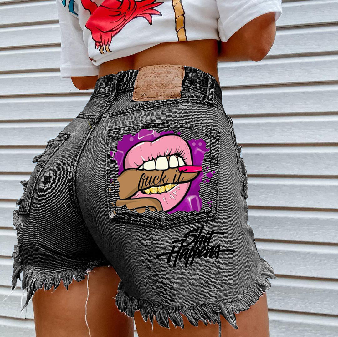 Trendy Mouth Biting Finger Print Denim Shorts-Chic and Edgy