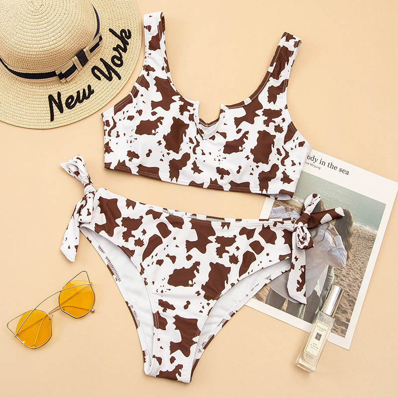 Split Cow Print Bow Bikini Swimsuit for Women