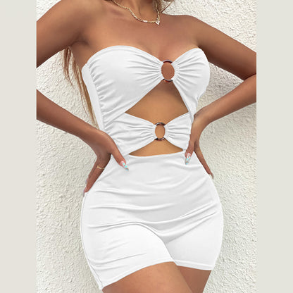 European Style Tube Top Jumpsuit with Hollow Design and Resin Ring