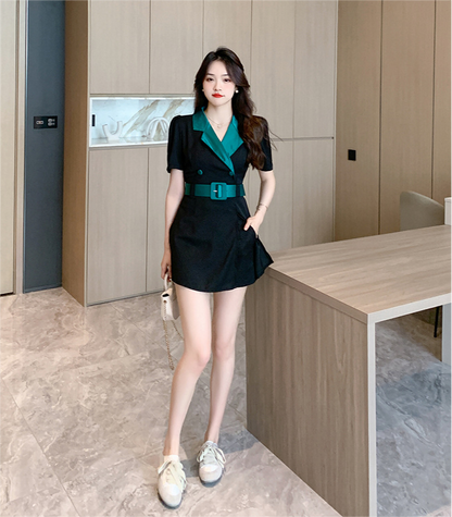 Chic Suit Collar Dress with Slimming Shorts-Elegant Two-piece Set