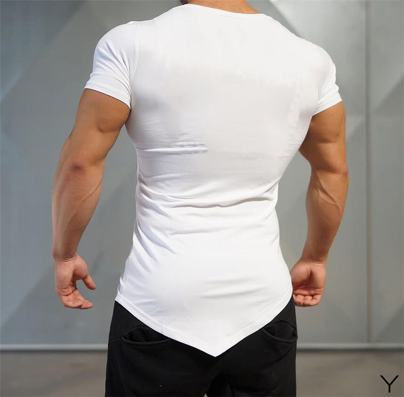 Men's Fitness Sports Irregular Short-Sleeved T-shirt in Pure Cotton