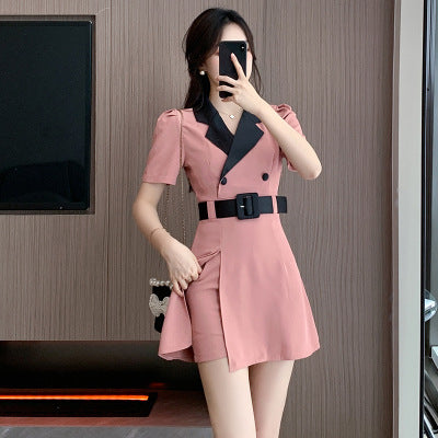 Chic Suit Collar Dress with Slimming Shorts-Elegant Two-piece Set