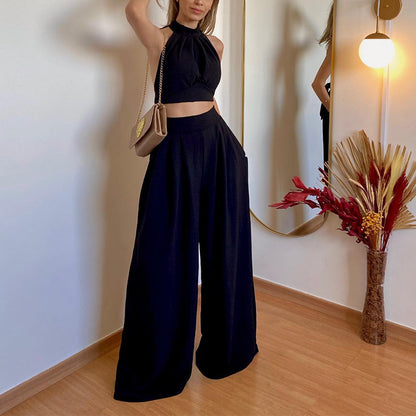 Halter Neckline Top with High Waist Loose Trousers-Chic Elegance