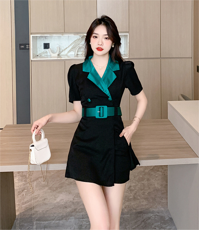 Chic Suit Collar Dress with Slimming Shorts-Elegant Two-piece Set