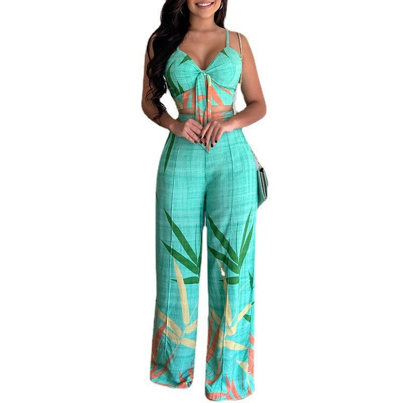 Floral Spaghetti Strap Crop Top with High Waist Wide Leg Pants Set