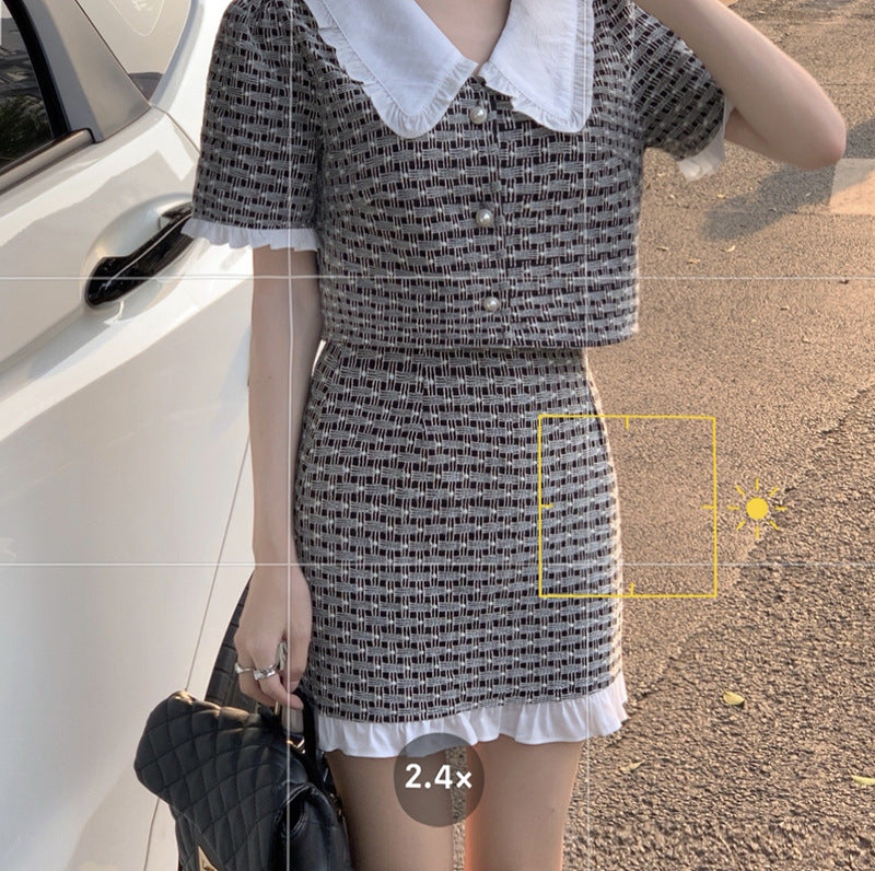 Chic Doll Collar Plaid Shirt and Gas Skirt Set-Trendy Outfit for Women